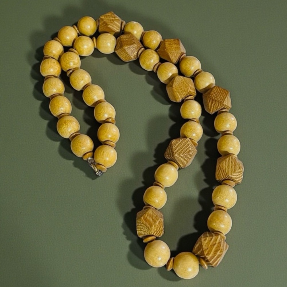 Chunky Vintage Boho Light Wood Bead Statement Necklace